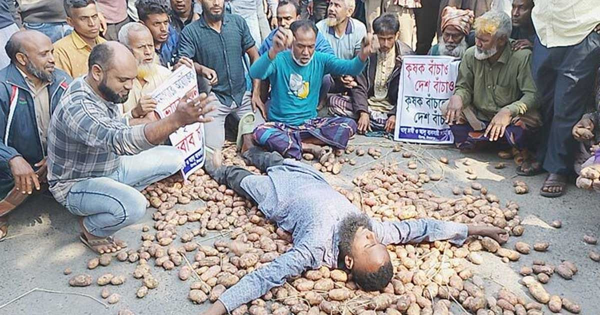 সড়কে আলু ফেলে প্রতিবাদ, পাঁচদফা দাবিতে মানববন্ধন