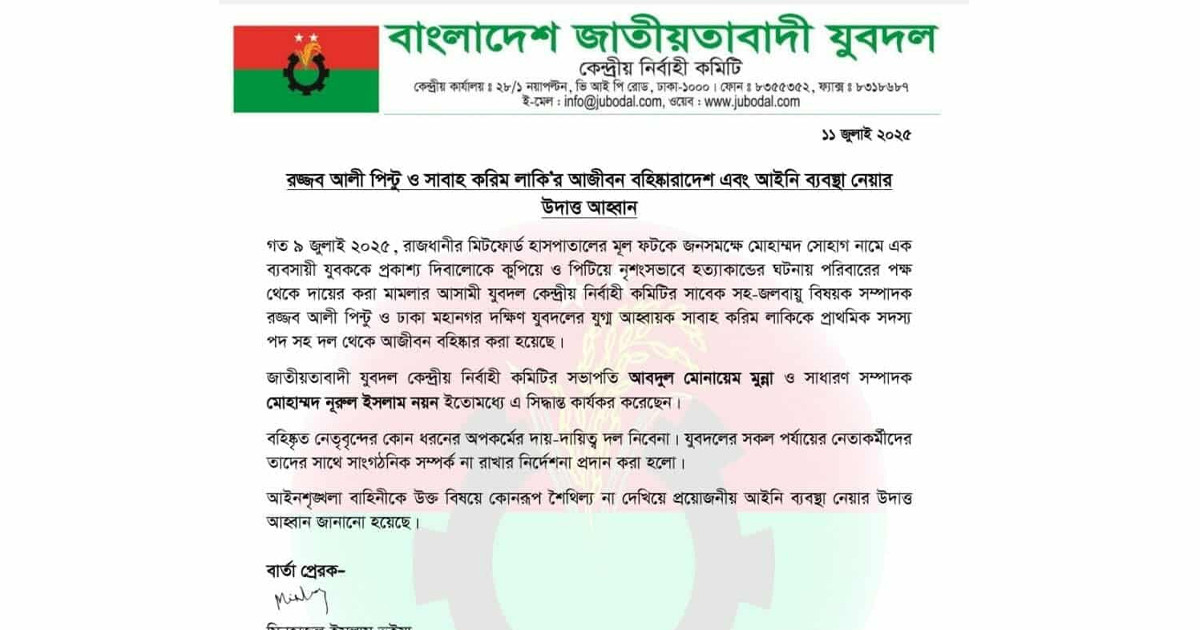 রাজধানীতে ব্যবসায়ীকে হত্যার ঘটনায় যুবদলের ২ নেতাকে আজীবন বহিষ্কার