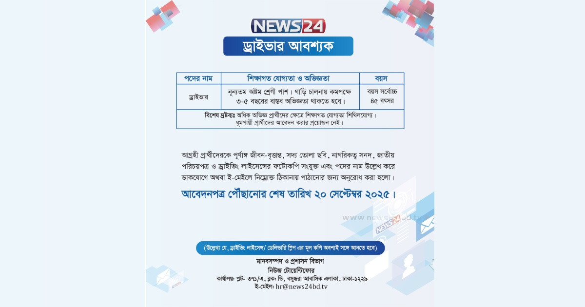 নিউজ টোয়েন্টিফোরে ড্রাইভার আবশ্যক