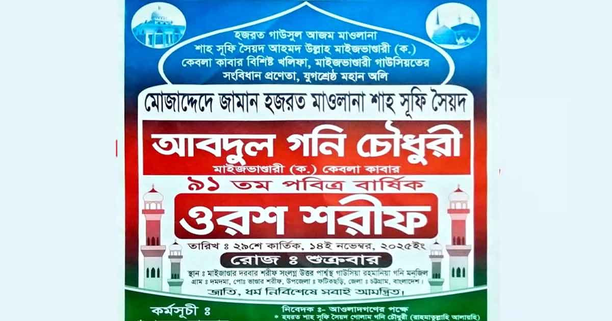 সৈয়দ আবদুল গনি চৌধুরী মাইজভাণ্ডারীর ৯১ তম ওরশ শরীফ শুক্রবার