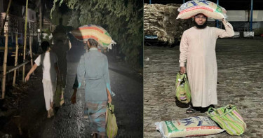 গভীর রাতে চালের বস্তা মাথায় করে গরিব দুঃখীদের ঘরে পৌঁছে দিচ্ছেন মুফতি রায়হান