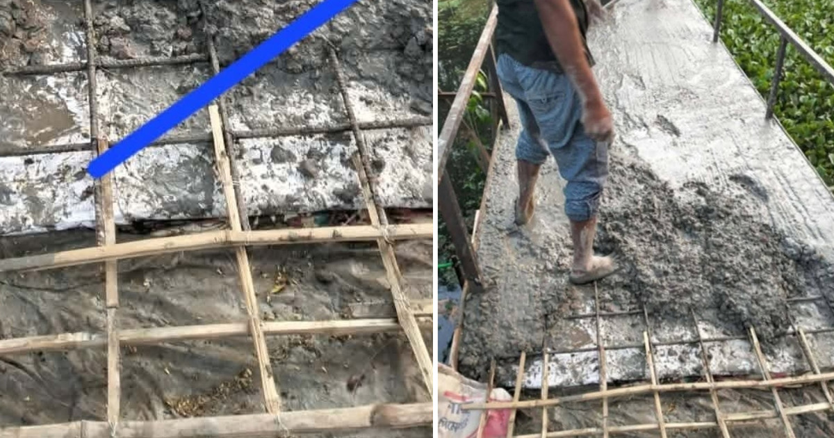 রডের বদলে বাঁশের কঞ্চি দিয়ে ব্রিজ ঢালাই!