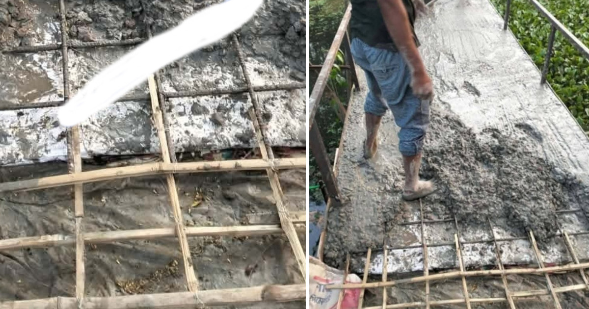 রডের বদলে বাঁশের কঞ্চি দিয়ে ব্রিজ ঢালাই!